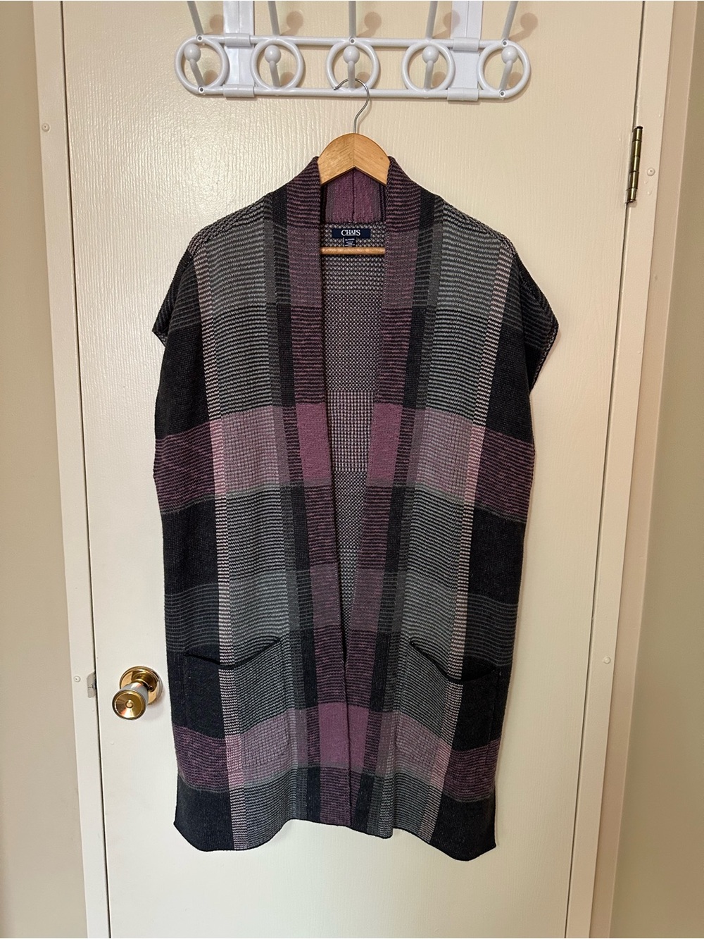 Chaps Plaid Open-Front Knit Vest in Plum and Charcoal